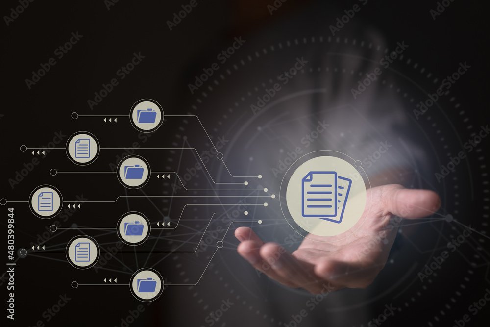Aufkleber Properly handle files and documentation in a business with ERP, use a Document Management System (DMS), an online documentation database, and process automation. Business technology for corporations.