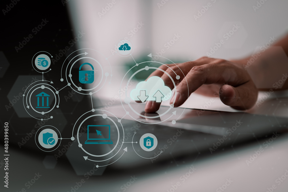 Poster A man uses a laptop with a cloud computing schematic. Cloud computing is a type of technology that allows you to store. Storage of information. Concept of networking and internet service.