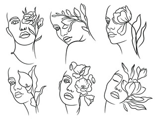 Set of female faces with flowers. Collection of woman's head with flower. Design for printing. Boot. Vector illustration isolated on white background.