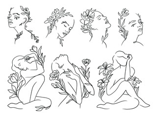 Set of floral woman. Collection of woman's body and faces with flower. Design for printing. Blossom. Vector illustration isolated on white background.