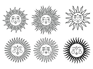 Set of mystic sun. Collection of bohemian style vintage with face. Stylized symbol of tarot card. Mystical element. Tattoo. Wicca sun. Vector illustration on white background.