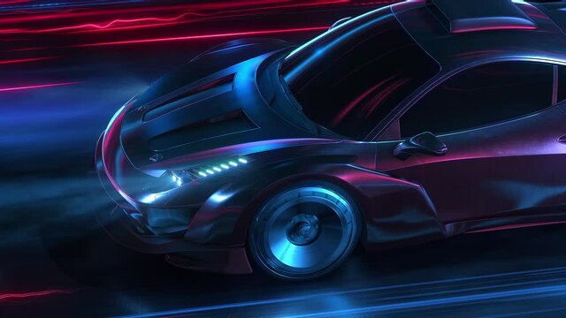 Speeding Sports Car On Neon Highway. Powerful acceleration of a supercar on a night track with colorful lights and trails. 3d animation