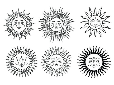 Set of mystic sun. Collection of bohemian style vintage with face. Stylized symbol of tarot card. Mystical element. Tattoo. Wicca sun. Vector illustration on white background.