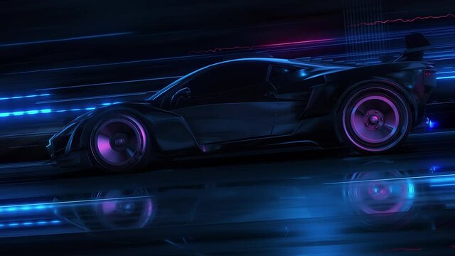 Speeding Sports Car On Neon Highway. Powerful acceleration of a supercar on a night track with colorful lights and trails. 3d animation
