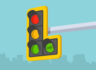 Traffic regulations. Perspective close-up view of a traffic signal with right green arrow. Flat vector illustration template.