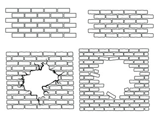 Set of brick wall. Сollection of silhouettes of a brick fence destroyed holes. Vector illustration on a white background.