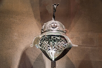 Closeup of a gladiator helmet exposed at the Museum in Naples, Italy.