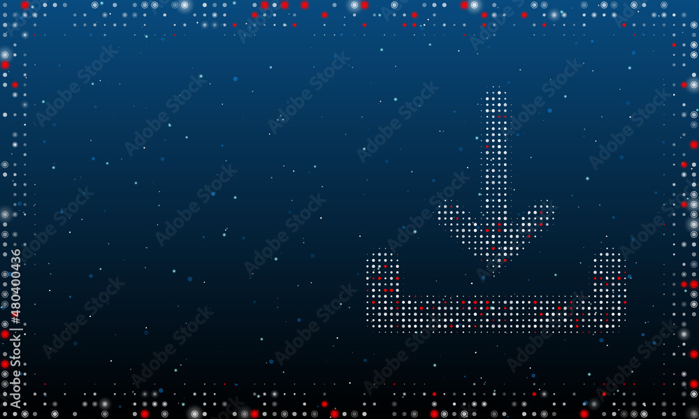 Poster on the right is the download symbol filled with white dots. pointillism style. abstract futuristic f