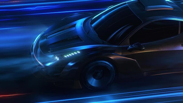 Speeding Sports Car On Neon Highway. Powerful acceleration of a supercar on a night track with colorful lights and trails. 3d animation