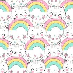 Cute cat and rainbow seamless pattern vector illustration. Kitten Childish design print