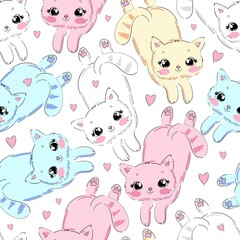 Cute cat and heart seamless pattern, print design textile Vector Illustration