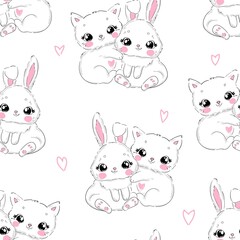 Fototapeta premium Hand Drawn cute bunny and cat vector illustration seamless pattern, children print Kitten and rabbit
