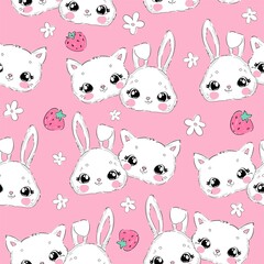 Seamless pattern hand drawn cute cat and bunny with daisy flowers vector illustration childish design print for baby textiles Pink background