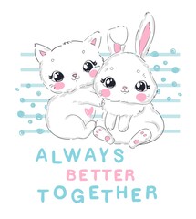 Hand drawn cute Cat and rabbit vector illustration. design animal for baby background. For newborns design elements Bunny and Kitten