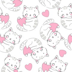Cute cat and heart seamless pattern, print design textile Vector Illustration