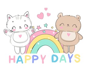 Bear and Cat Sit with Rainbow Childrens Cute Print Vector Illustration Inscription Happy Day