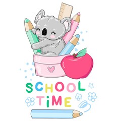 Obraz na płótnie Canvas Cute Koala bear and pencil vector illustration School elements drawing