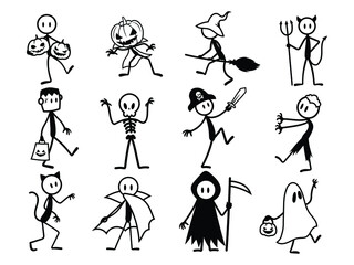 Set of halloween stick figure. Collection of stick figure in creepy costume of ghost, frankenstein, with pumpkin face etc. Trick or treat. Vector illustration on white background.