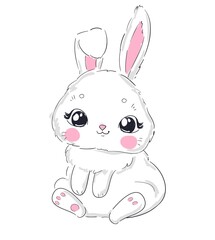 Hand Drawn Cute Bunny on white background. Print design rabbit. Children Print on t-shirt. Vector illustration