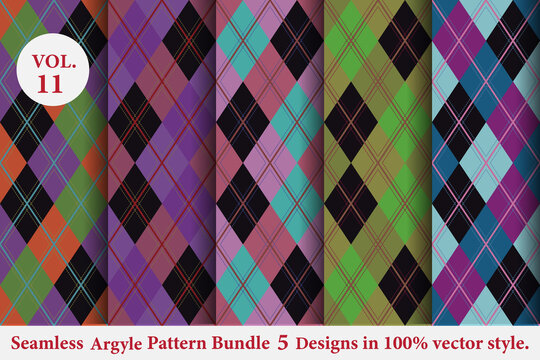 Argyle Pattern Bundle 5 designs Vol.11,Argyle vector,geometric, background,wrapping paper,Fabric texture,Classic Knitted,plaid

