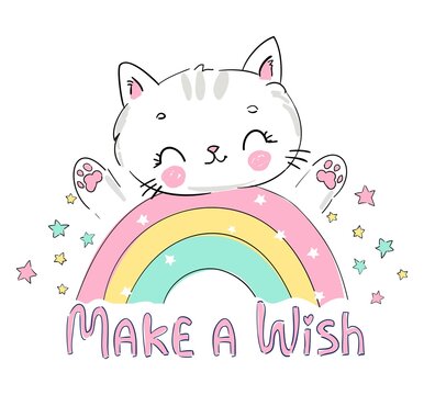 Hand drawn cute cat and rainbow Cartoon character vector illustration. Kitten Childish design print