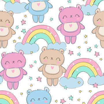 Cute Bear and rainbow seamless pattern Sketch Design Baby Print Vector Background © Alsu Art