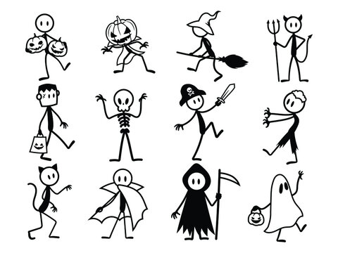Set of halloween stick figure. Collection of stick figure in creepy costume of ghost, frankenstein, with pumpkin face etc. Trick or treat. Vector illustration on white background.