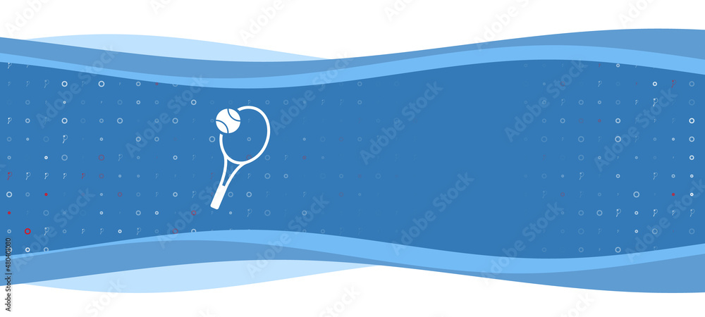 Poster blue wavy banner with a white tennis symbol on the left. on the background there are small white sha