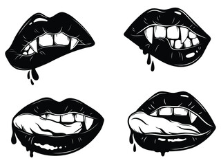 Set of vampire girl lips with fangs and drops of blood. Collection of woman mouth biting lower lip. Sexy female lips. Design for Halloween. Vector illustration isolated on white background. - obrazy, fototapety, plakaty