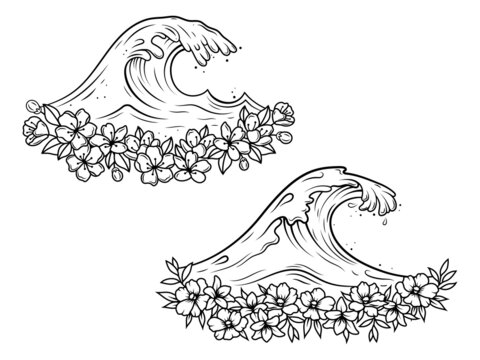 Set of floral ocean waves. Collection of stylized sea waves with tropical flower. Hand drawn surfing wind storm. Marine logo for travel agencies. Vector illustration for water decorations. 