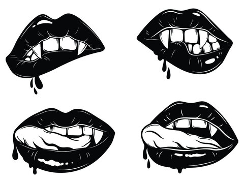 Set of vampire girl lips with fangs and drops of blood. Collection of woman mouth biting lower lip. Sexy female lips. Design for Halloween. Vector illustration isolated on white background.
