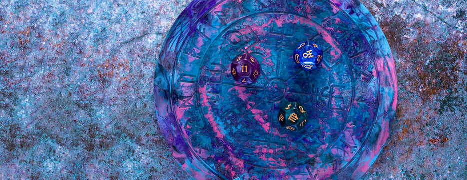 Astrology dices of fortune on horoscope circle. Horizontal fortune theme poster, greeting cards, headers, website and app