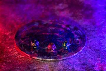 Astrology dices of fortune on horoscope circle. Horizontal fortune theme poster, greeting cards,...