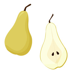 Cartoon pear set whole and sliced on white background