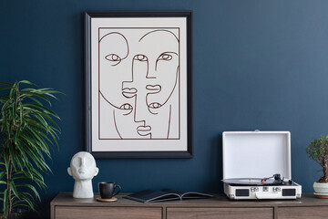 Creative composition of modern living room interior design with mock up poster frame, wooden...