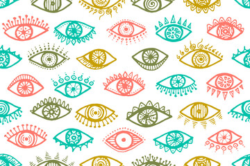 Hand drawn human eyes vintage seamless ornament.