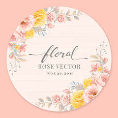 Beautiful Rose Flower and botanical leaf on wood label circle digital painted illustration for love wedding valentines day or arrangement invitation design greeting card