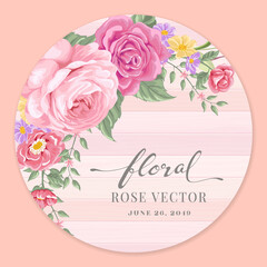 Beautiful Rose Flower and botanical leaf on wood label circle digital painted illustration for love wedding valentines day or arrangement invitation design greeting card