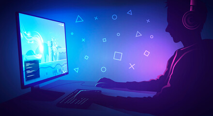 Vector Illustration Gamer Kid Play Comuter Game © Black White Mouse