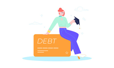 Student loan. Young girl with graduate cap sitting on a credit card upset with her education debt. Young money and financial problems. Flat cartoony llustration isolated on white background.