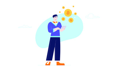 Young man watching cryptocurrency rates and trends to make profitable investments. Modern technologies for saving and finance. Youth getting financial independence. Flat cartoony llustration isolated.