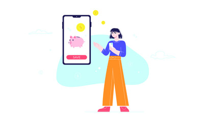 Young girl using financial application on her smartphone to save money. Modern technologies for saving and investments. Youth getting financial independence. Flat cartoony llustration isolated.