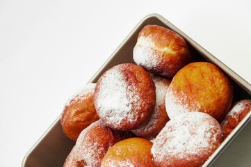 delicious donuts in sugar powder. freshly baked pies in flour. confectionery concept. baking illustration
