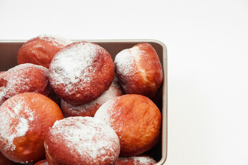 delicious donuts in sugar powder. freshly baked pies in flour. confectionery concept. baking illustration