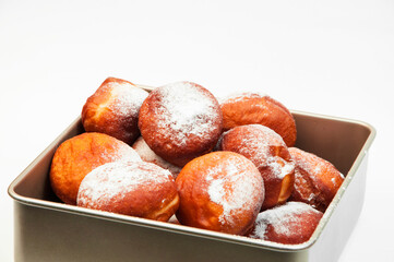 delicious donuts in sugar powder. freshly baked pies in flour. confectionery concept. baking illustration