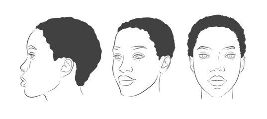 Vector African American woman face. Set of dark-skinned women portrait three different angles.