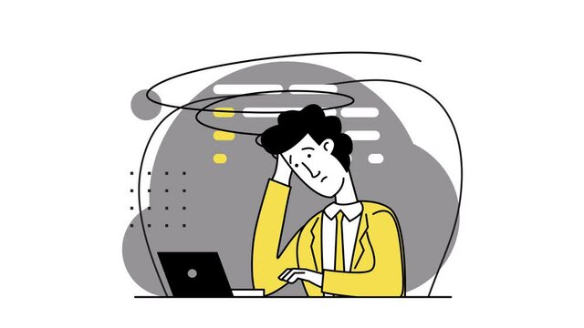 The programmer is tired of work. The programmer is sitting at the table and at the computer. Programming languages. Working for a PC. Software developers. 2d flat animation. Yellow and gray colors 