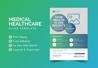 Medical Healthcare Clinic service Flyer Design | Leaflets, banner Design | Print Ready A4 Size Flyer Vector Template	