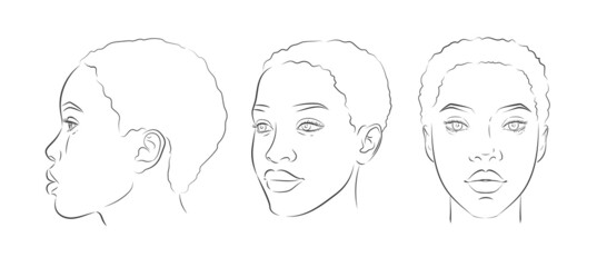 Vector African American woman face. Set of dark-skinned women portrait three different angles.