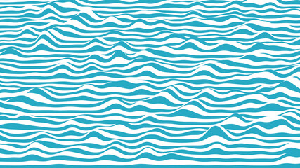 Trendy 3D blue and white stripes distorted backdrop. Procedural ripple background with optical illusion effect